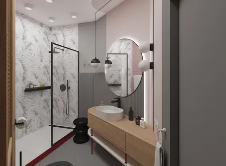 Wnętrze łazienki z drewnianą szafką, prysznicem i lampami w stylu dopamine decor.