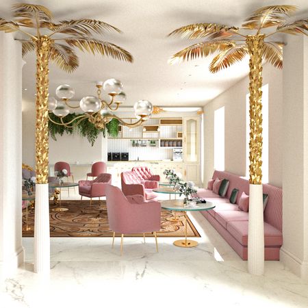 Stylowe wnętrze salonu w stylu glamour, minimalistycznym i minimaluxe z różowymi meblami.