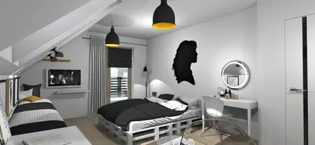 Sypialnia w stylu boho z nowoczesnym łóżkiem i dekoracjami dopamine decor.