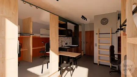 Wnętrze biura minimalistycznego z drewnianym biurkiem, nowoczesnymi krzesłami i współczesnymi detalami.