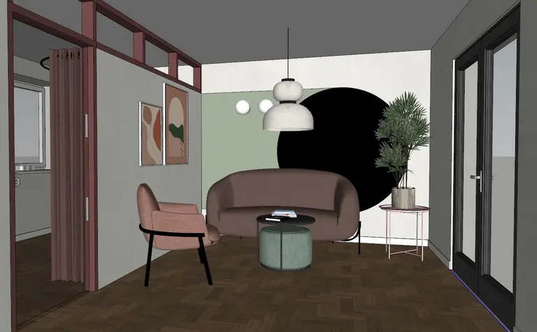 Wnętrze salonu z brązową sofą, zieloną ścianą i nowoczesnymi akcentami w stylu dopamine decor.