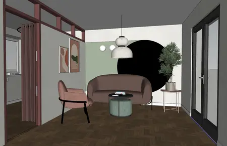Wnętrze salonu z brązową sofą, zieloną ścianą i nowoczesnymi akcentami w stylu dopamine decor.