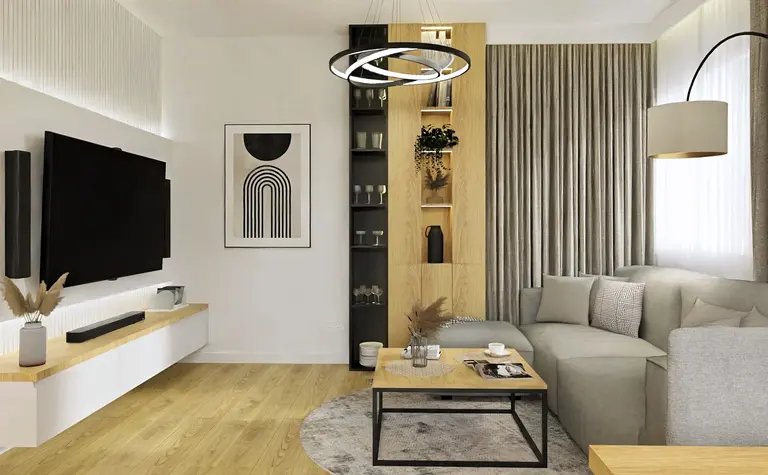 Wnętrze salonu w stylu industrialnym i minimalistycznym z nowoczesnymi elementami.