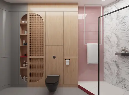 Wnętrze łazienki z drewnianymi szafkami i różowymi płytkami, styl dopamine decor