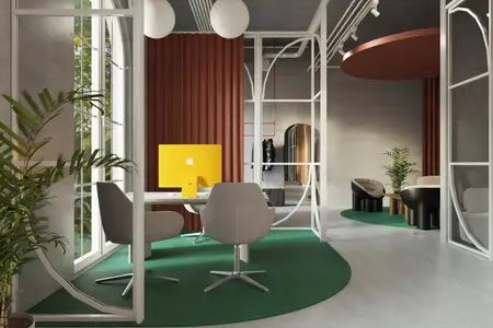 Biuro z żółtym monitorem, szarymi krzesłami i roślinami w stylu dopamine decor, minimalistycznym i współczesnym.