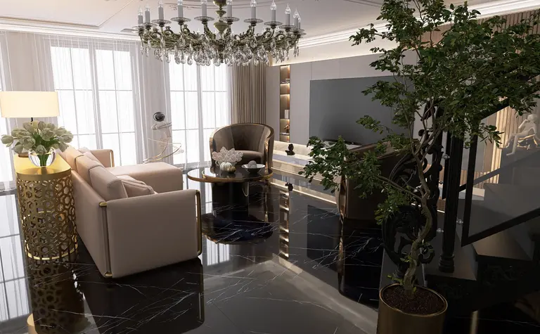Wnętrze salonu w stylu art deco z luksusowymi meblami i eleganckim oświetleniem.