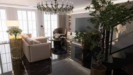 Wnętrze salonu w stylu art deco z luksusowymi meblami i eleganckim oświetleniem.