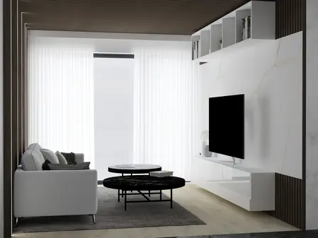 Minimalistyczny, nowoczesny salon z białą sofą i czarnym stolikiem.
