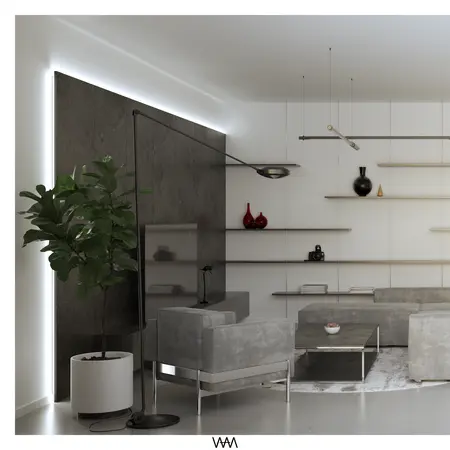 Wnętrze współczesnego salonu z minimalistycznym wystrojem, szarymi meblami i rośliną.