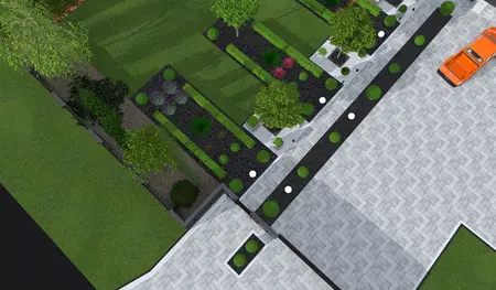Widok na nowoczesny ogród z zielonymi roślinami, elementami industrialnymi i minimalistycznym układem.