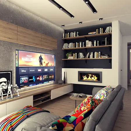 Wnętrze salonu z telewizorem, półkami na książki oraz kominkiem w stylu industrialnym i nowoczesnym.