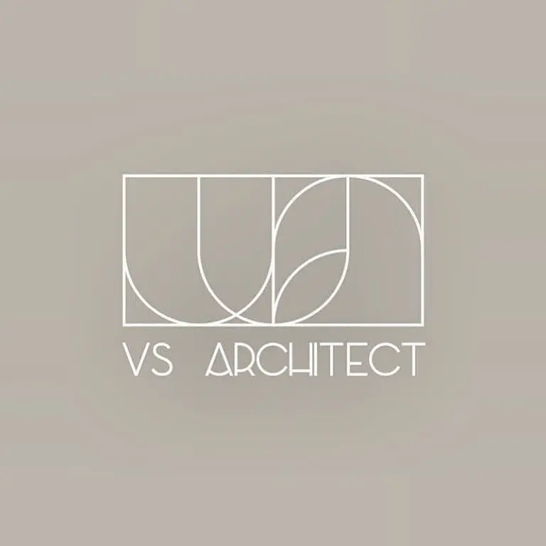 Logo architekta w minimalistycznym stylu na beżowym tle.