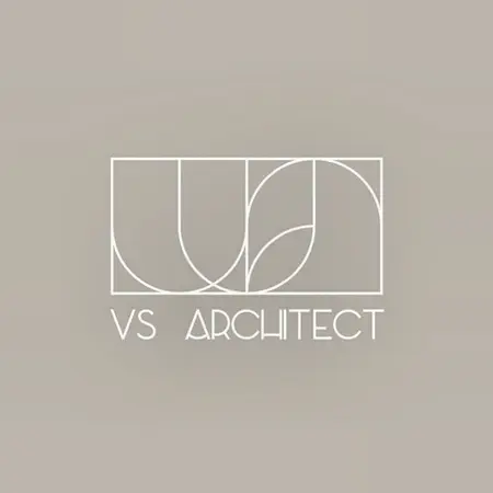 Logo architekta w minimalistycznym stylu na beżowym tle.
