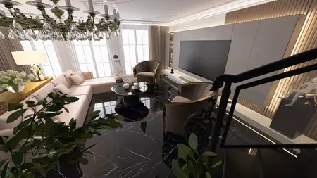 Nowoczesny salon w stylu art deco i glamour z jasnymi meblami.