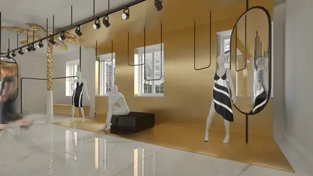 Butik w stylu glamour, minimalistycznym i minimaluxe z manekinami i złotymi detalami.