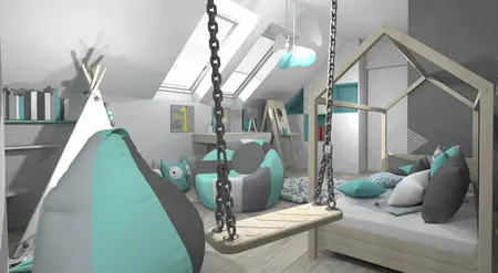 Wnętrze pokoju dziecięcego z elementami dopamine decor, japandi i nowoczesnym stylem.