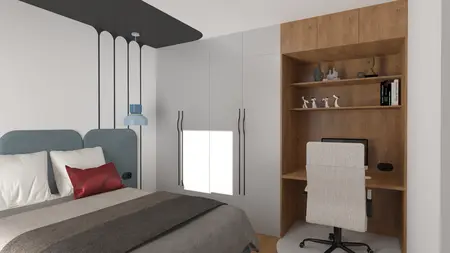 Wnętrze sypialni z biurkiem, szafą i niebieskimi akcentami, styl dopamine decor.