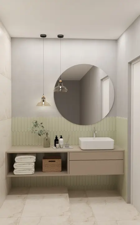 Nowoczesna łazienka w stylu japandi z minimalistycznymi meblami.