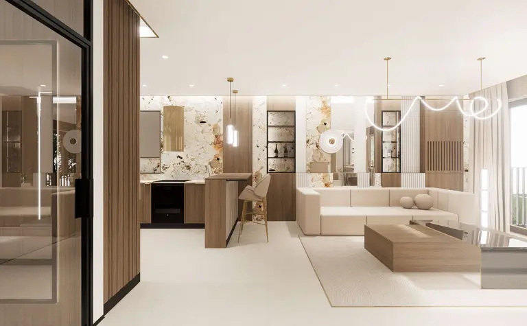 Wnętrze salonu z minimalistycznym designem, beżowa sofa i drewniane akcenty.