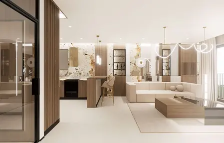Wnętrze salonu z minimalistycznym designem, beżowa sofa i drewniane akcenty.