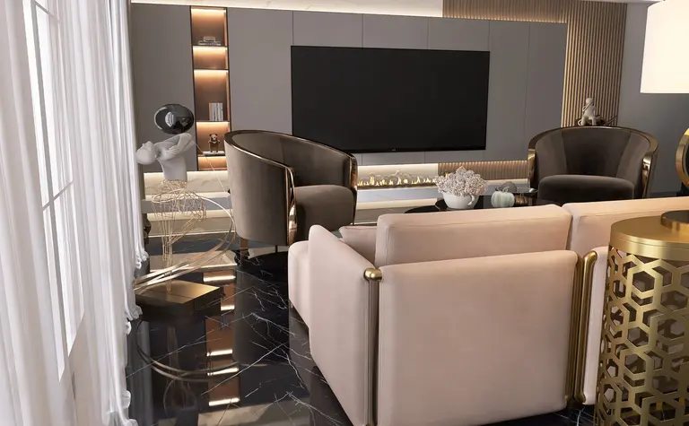 Wnętrze salonu w stylu art deco i glamour z beżową sofą.