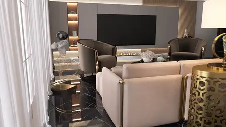 Wnętrze salonu w stylu art deco i glamour z beżową sofą.