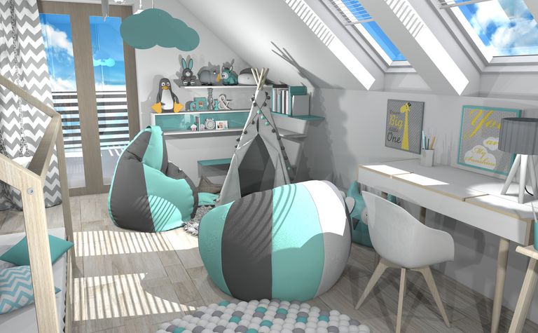 Pokój dziecięcy z nowoczesnymi meblami w stylu dopamine decor i japandi