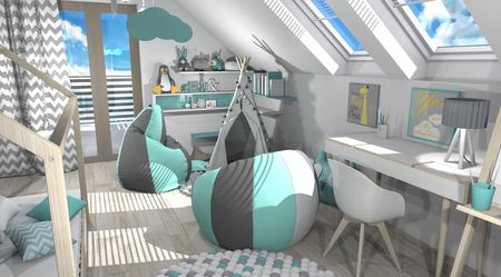 Pokój dziecięcy z nowoczesnymi meblami w stylu dopamine decor i japandi
