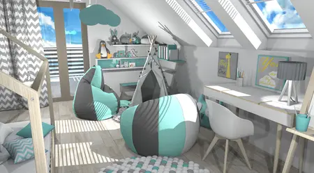 Pokój dziecięcy z nowoczesnymi meblami w stylu dopamine decor i japandi