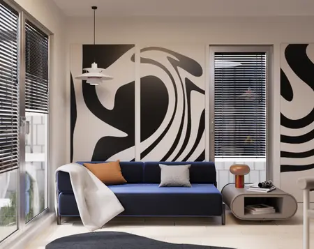 Wnętrze salonu w stylu eklektycznym z minimalistycznymi akcentami, niebieska sofa.