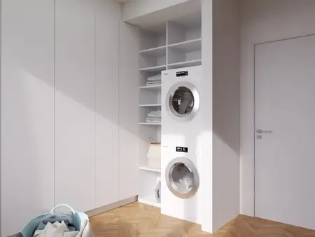 Pralnia w stylu japandi, minimalistycznym i nowoczesnym z białymi meblami.