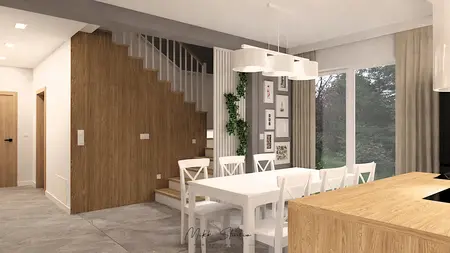 Wnętrze jadalni z białym stołem, drewnianymi meblami i roślinami, styl współczesny.
