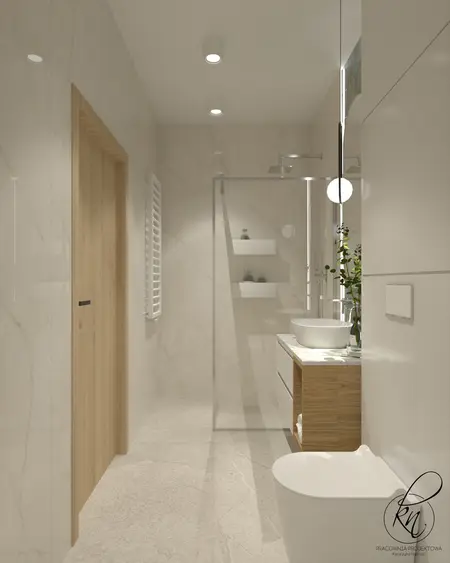 Minimalistyczna łazienka z drewnianymi detalami i nowoczesnym oświetleniem.