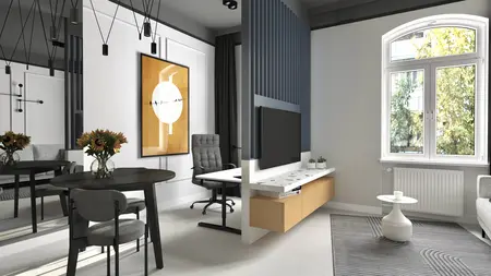 Wnętrze z biurkiem i oknem, styl dopamine decor, rośliny.