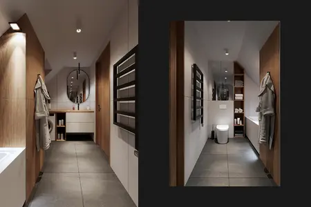 Nowoczesna łazienka w stylu skandynawskim i minimalistycznym z eklektycznymi detalami.