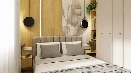 Wnętrze sypialni w stylu industrialnym, minimalistycznym i nowoczesnym z drewnianymi elementami.