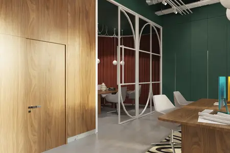 Wnętrze biura w stylu dopamine decor, minimalistycznym, współczesnym z drewnem i zielonymi ścianami.