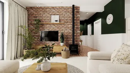 Wnętrze salonu w stylu boho z ceglaną ścianą, roślinami i drewnianymi meblami.