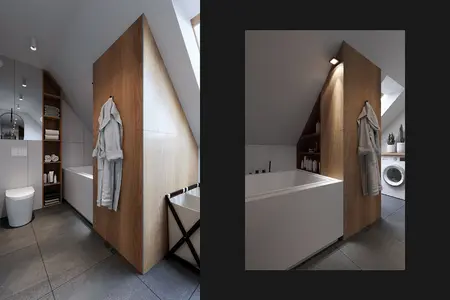 Wnętrze łazienki w stylu eklektycznym, minimalistycznym i skandynawskim z wanną i drewnem.