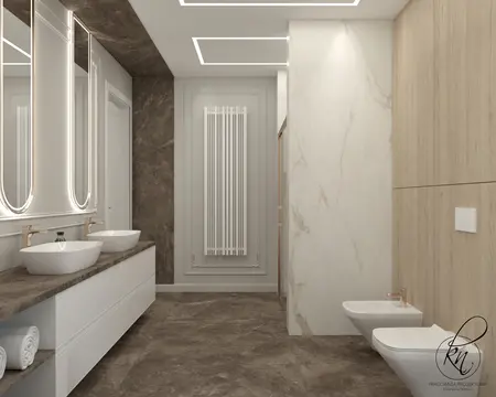 Nowoczesna łazienka z podwójną umywalką, drewnianymi detalami i eleganckim oświetleniem.