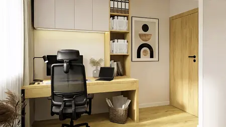 Gabinet w stylu industrialnym z minimalistycznym biurkiem i nowoczesnym krzesłem.