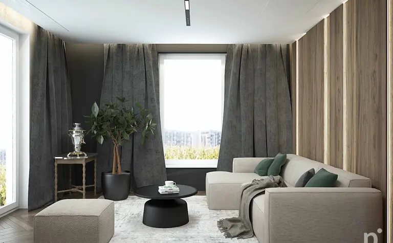 Wnętrze salonu z minimalistycznym designem, szarymi zasłonami i jasną sofą.