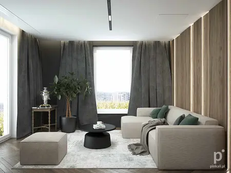 Wnętrze salonu z minimalistycznym designem, szarymi zasłonami i jasną sofą.