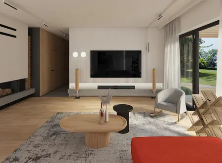 Wnętrze nowoczesnego salonu z minimalistycznym wystrojem, drewnianymi meblami i dużymi oknami.