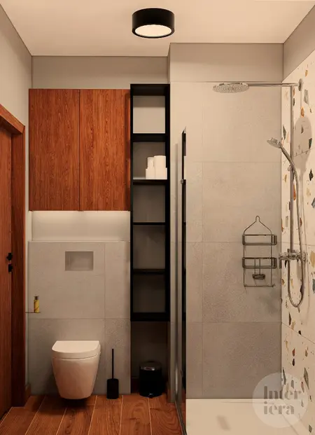 Łazienka z minimalistycznym designem, nowoczesnymi akcentami, szarymi płytkami i drewnianymi meblami.
