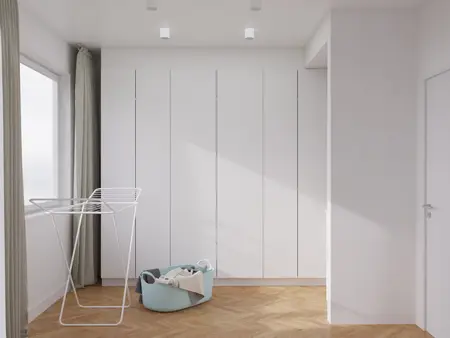 Przedpokój w stylu japandi, minimalistycznym i nowoczesnym z białymi meblami.