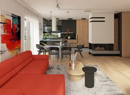 Wnętrze salonu w stylu minimalistycznym z czerwonymi meblami i drewnianymi detalami.