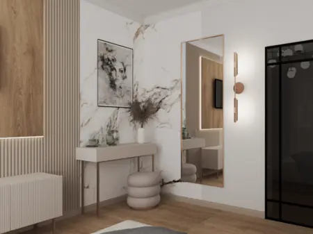 Wnętrze w stylu japandi z białymi meblami i drewnianymi detalami.