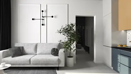 Wnętrze salonu z szarym narożnikiem, rośliną i nowoczesnym oświetleniem, dopamina decor.