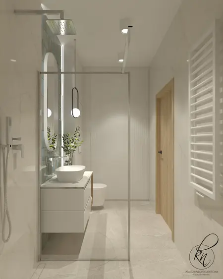 Nowoczesna łazienka z białą umywalką, drewnianymi elementami, minimalistyczny design